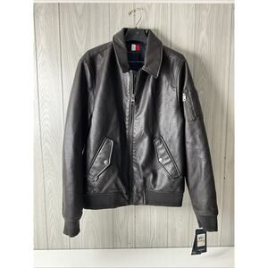 NWT Men's Small Tommy Hilfiger Premium Finish Faux Leather Bomber DARK BROWN